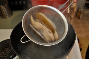 Start with a 30 second boil until the shells pop open, then rinse in cold water