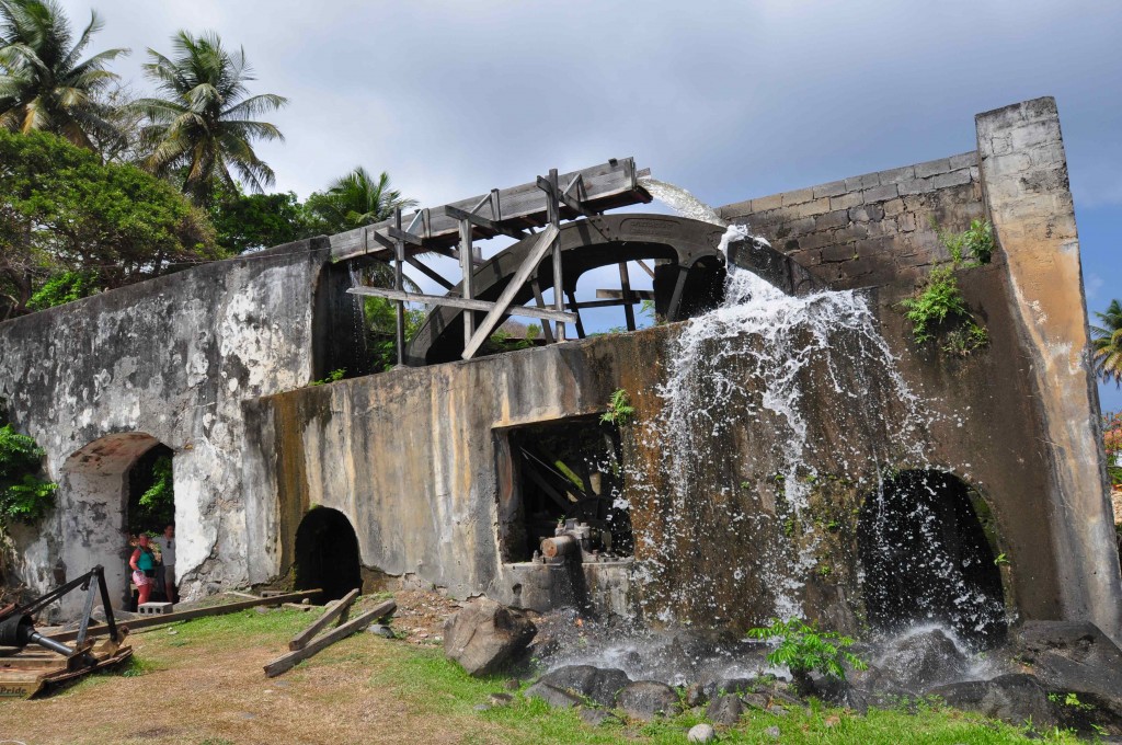 A two hundred year old water wheel powers the River Antoine Rum Distillery