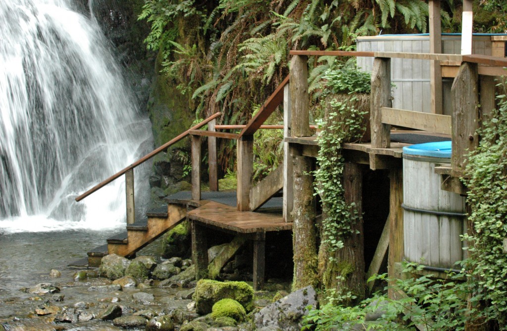Nimmo Bay resort uses hydroelectric power directly from a waterfall on the property.  It makes a great setting for the hot tubs too.
