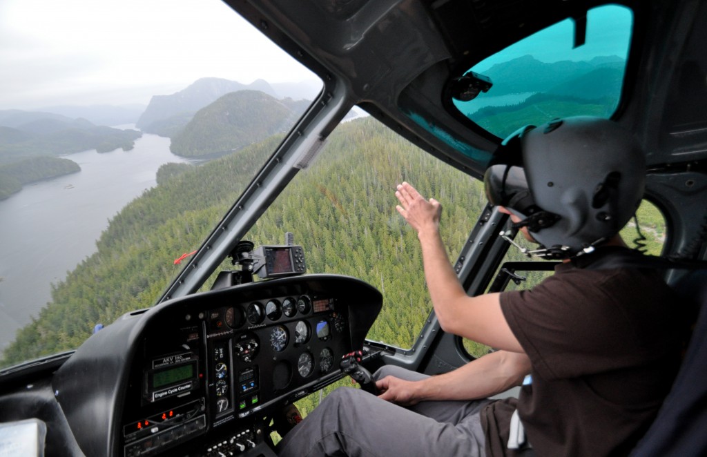 Guests on the helicopter package arrive by chopper from Port Hardy on Vancouver Isand