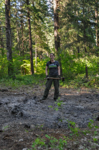 Destroying root balls with an axe is exhausting yet exhilarating work