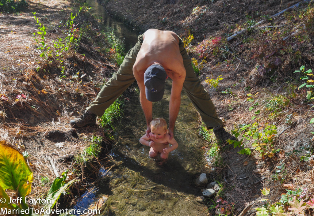 Ian gets a "canal bath" after digging in the dirt for far too long